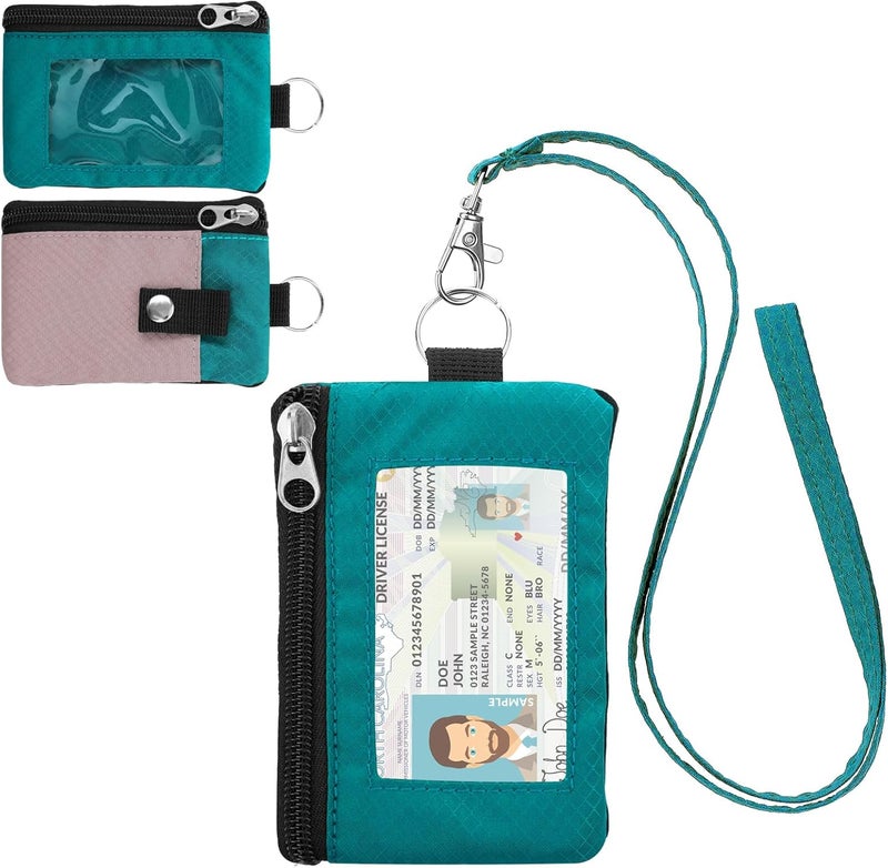 ZHOMA Minimalist RFID Wallet with Lanyard, Multi-Functional ID Case with 2 Zipper Pockets and Key Chain for Men and Women, Tactical Badge Pouch Cards Holder, Coin Purse for Travel - Peacock&Pink - Image 1